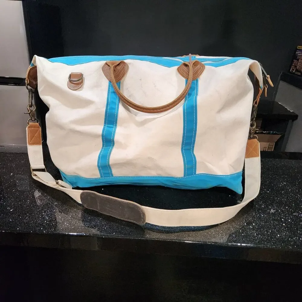 VTG LL Bean Boat & Tote Leather Handles Canvas Weekender Duffle Zip Strap Bag XL